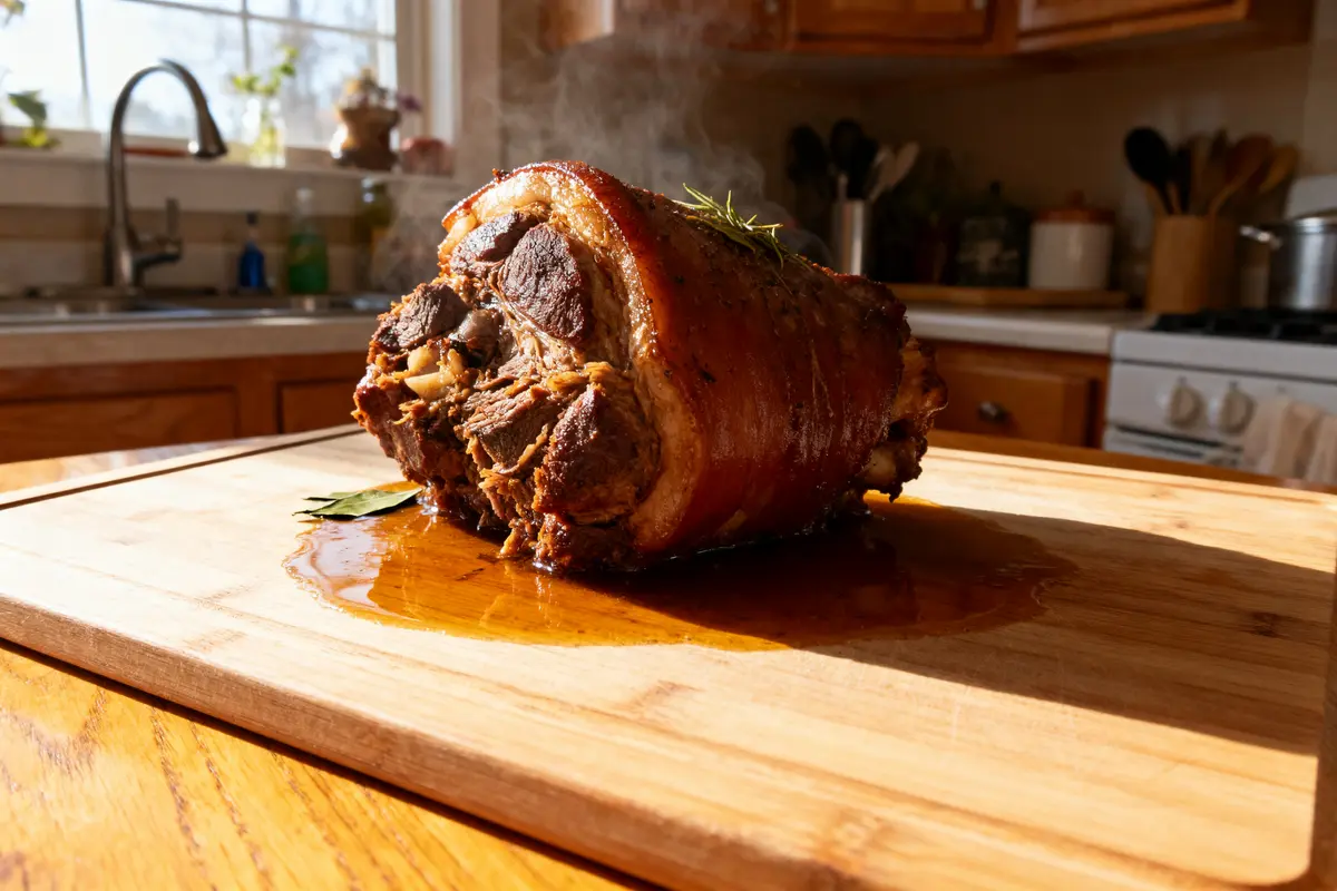 Rôti de viande juteux sur planche en bois, cuisine en arrière-plan lumineux.