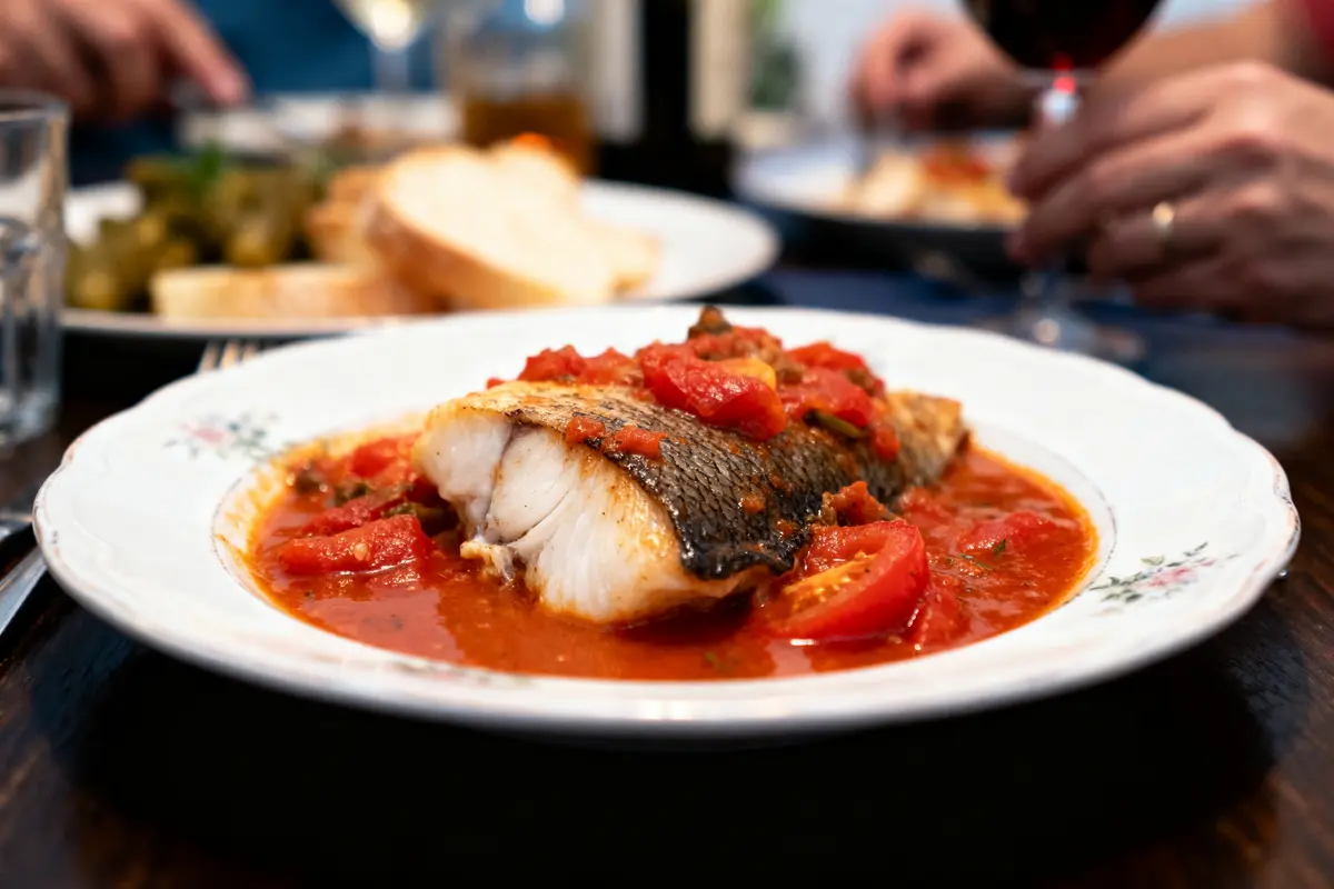 Assiette de poisson en sauce tomate, servie avec du pain, sur une table de restaurant.