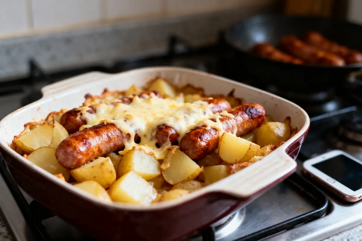 Plat de saucisses et pommes de terre gratinées au fromage, cuit au four, sur une cuisinière.