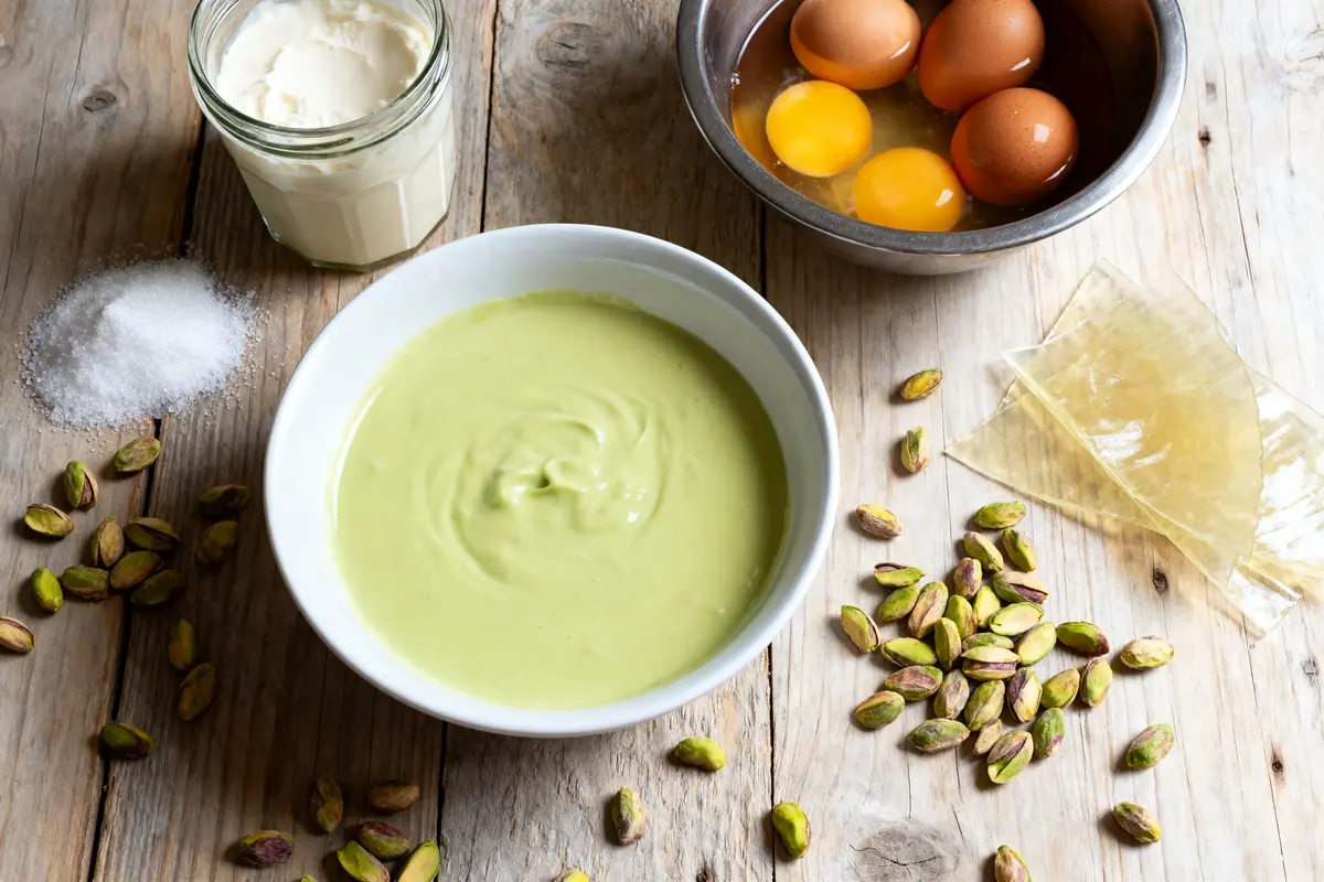 Ingrédients pour dessert : crème verte, oeufs, sucre, pistaches, gélatine, crème fraîche sur table en bois.