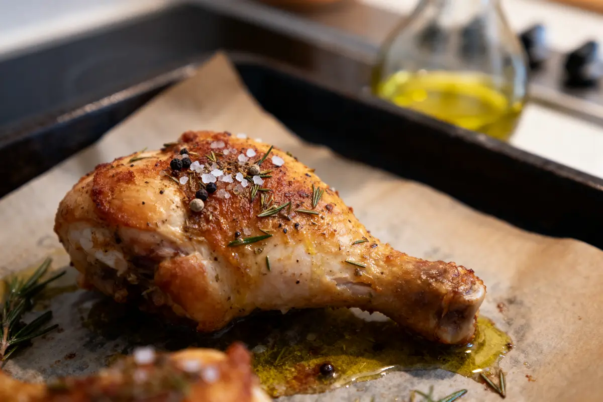 Gros plan d'une cuisse de poulet rôtie au four avec herbes, sel, et poivre sur papier cuisson.