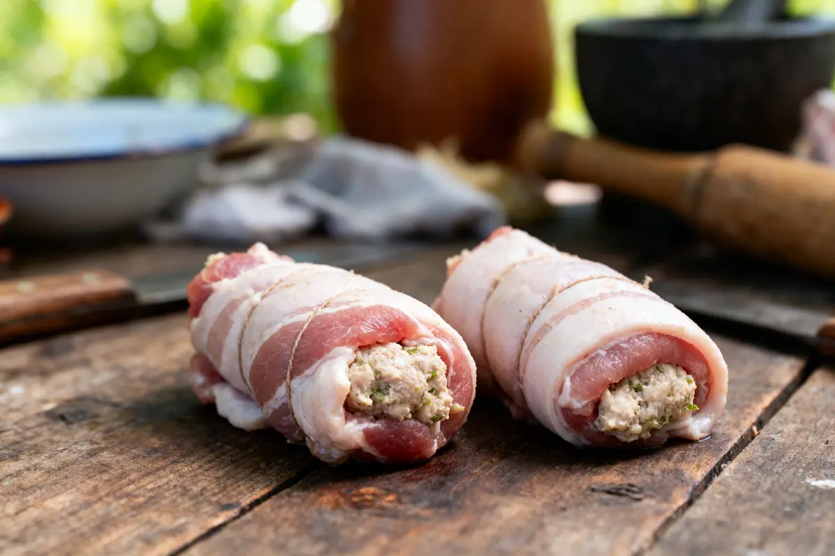 Deux paupiettes de viande crue, farcies et ficelées, sur une table en bois à l'extérieur.