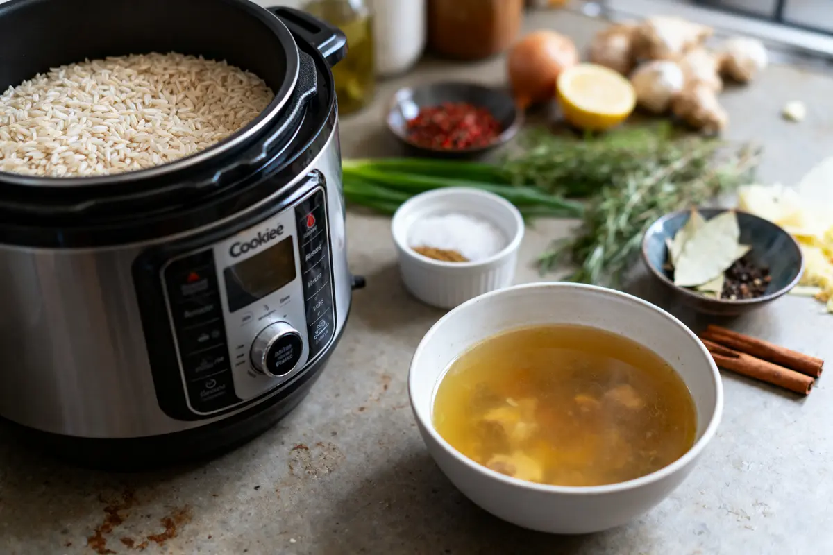 Cuiseur de riz avec ingrédients frais, épices, et bouillon sur un plan de travail de cuisine.