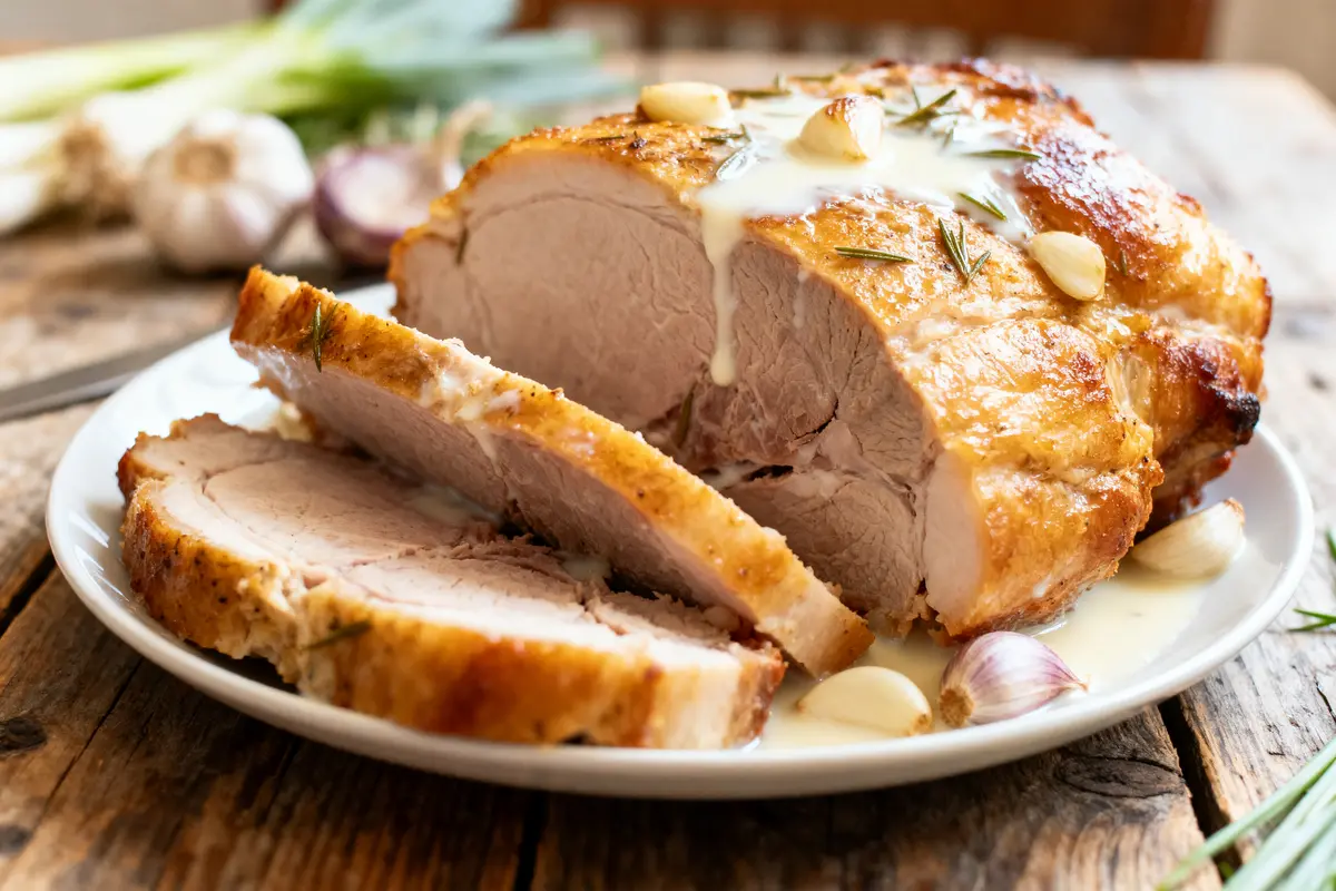 Rôti de porc tranché sur assiette, sauce crémeuse, ail, romarin, table rustique en bois.