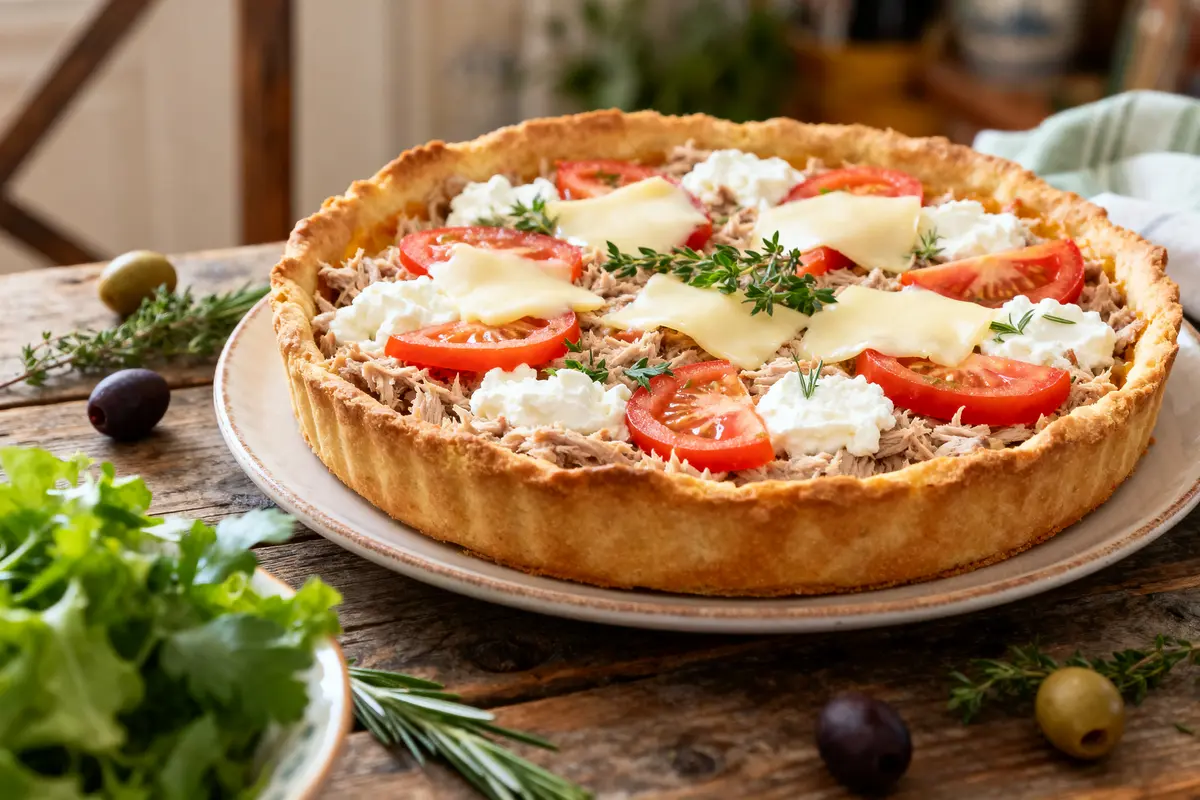 Tarte au thon garnie de tomates, fromage et herbes, sur une table en bois rustique.