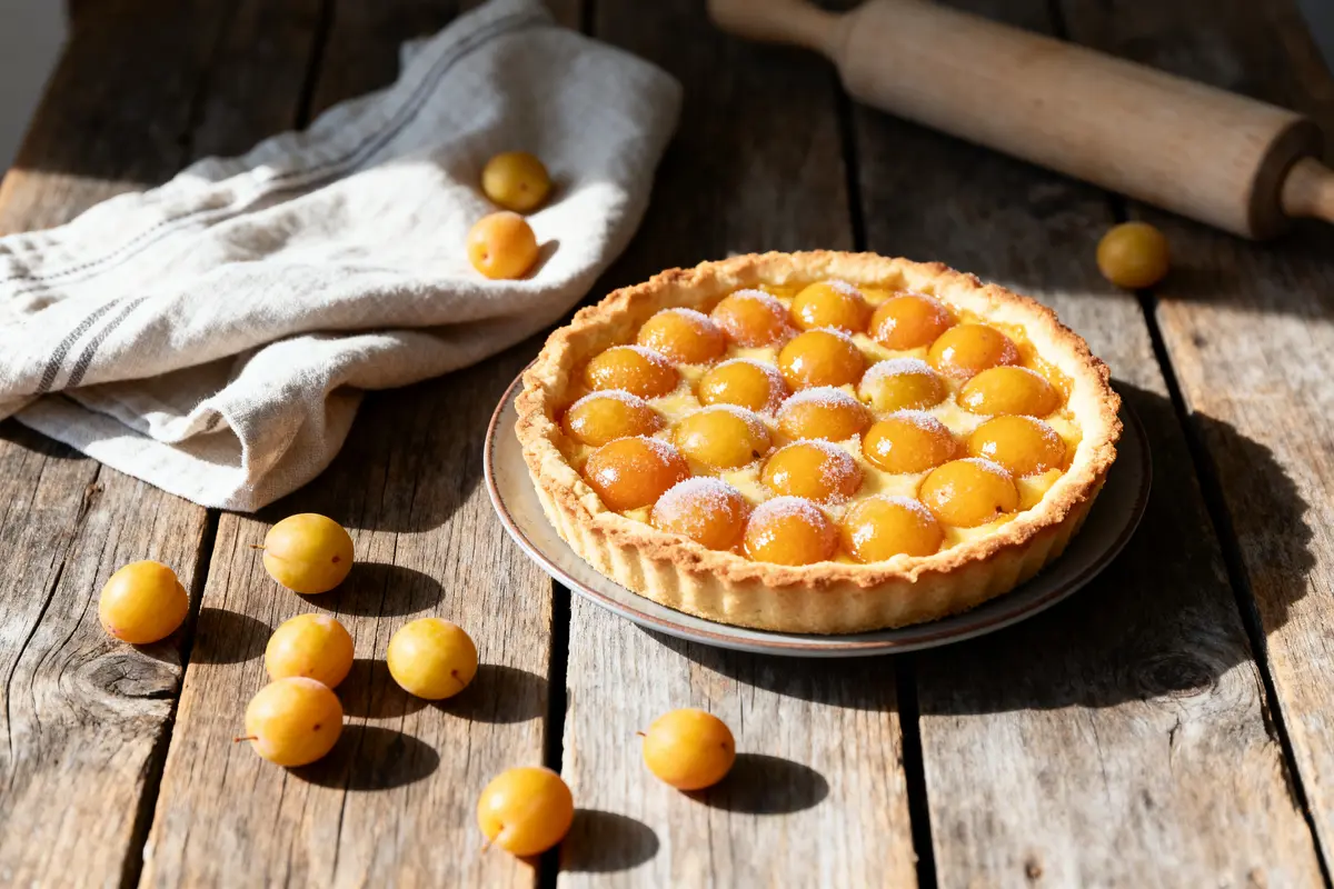 Tarte aux mirabelles sur table en bois, entourée de fruits épars, serviette et rouleau à pâtisserie.