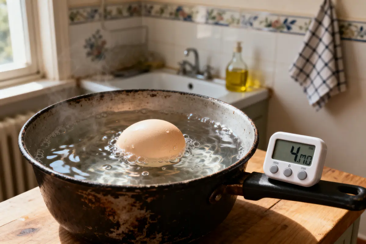 Oeuf bouillant dans casserole, minuteur indiquant quatre minutes, cuisine rustique lumineuse, huile d'olive en arrière-plan.