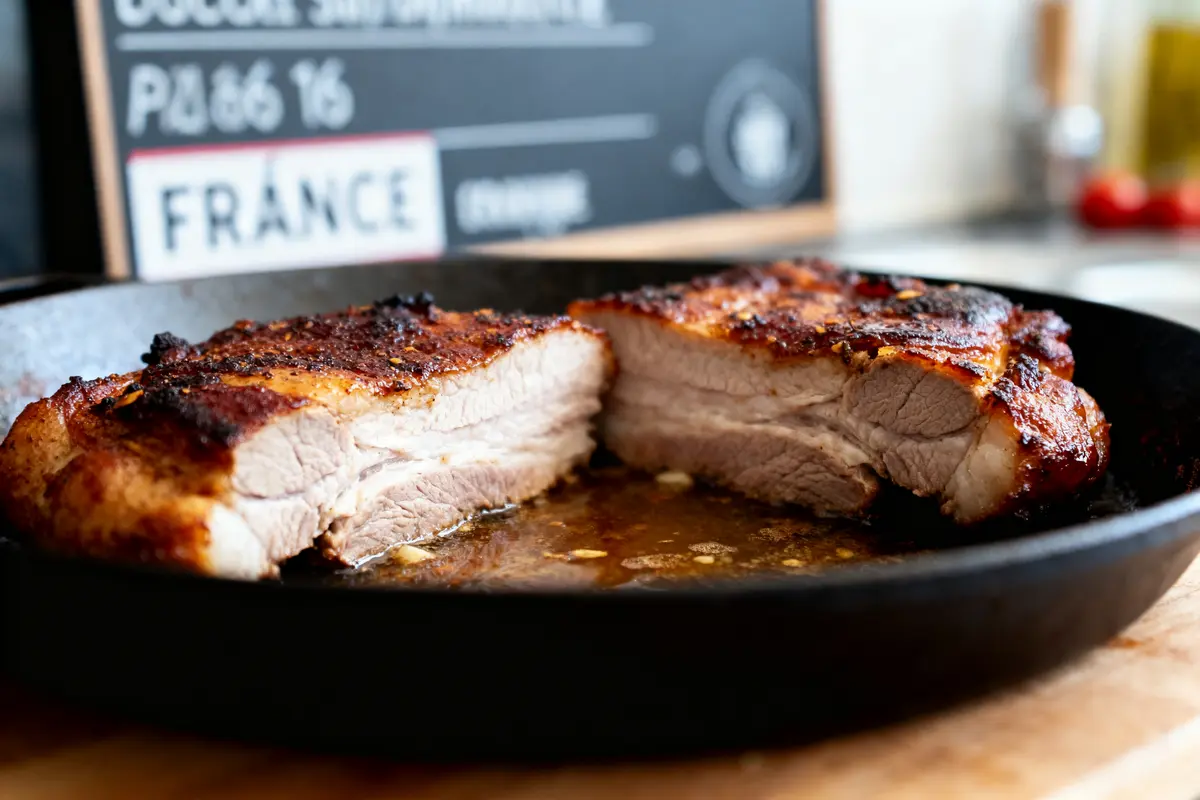 Porc rôti dans une poêle en fonte, avec étiquette indiquant la provenance de France en arrière-plan.