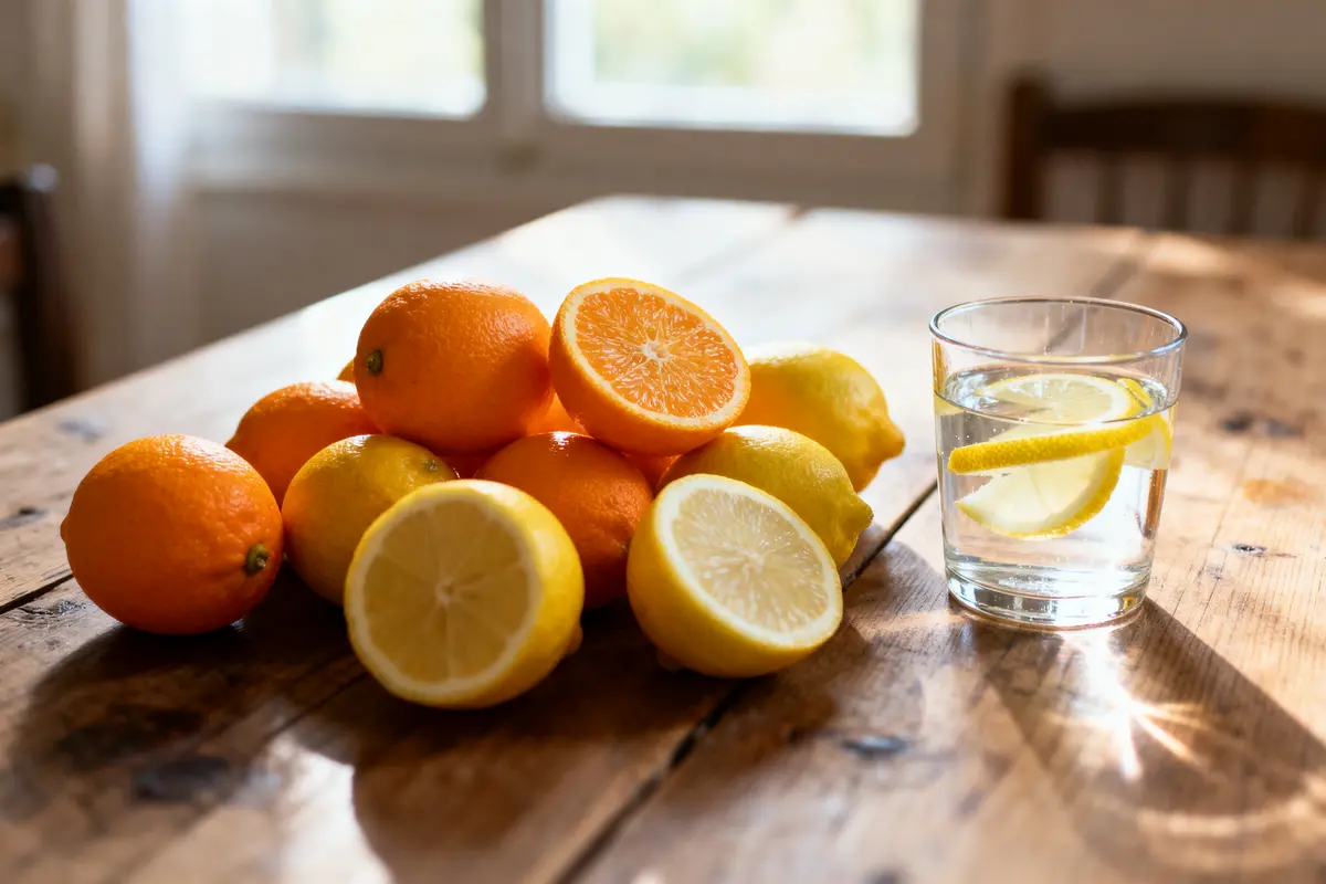 Oranges et citrons sur une table en bois, verre d'eau avec rondelle de citron à côté.