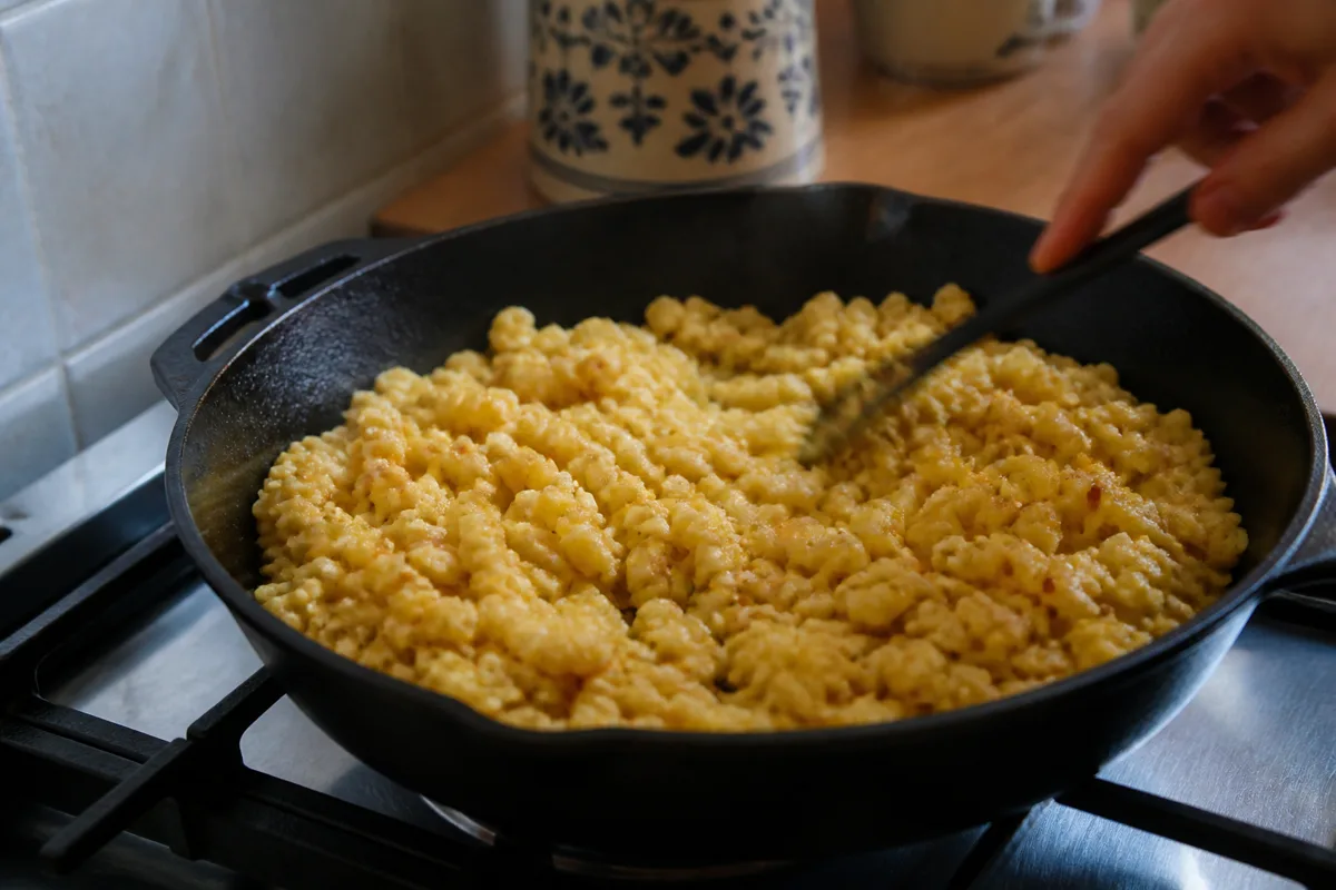 Spaetzle dorés au beurre dans une poêle en fonte